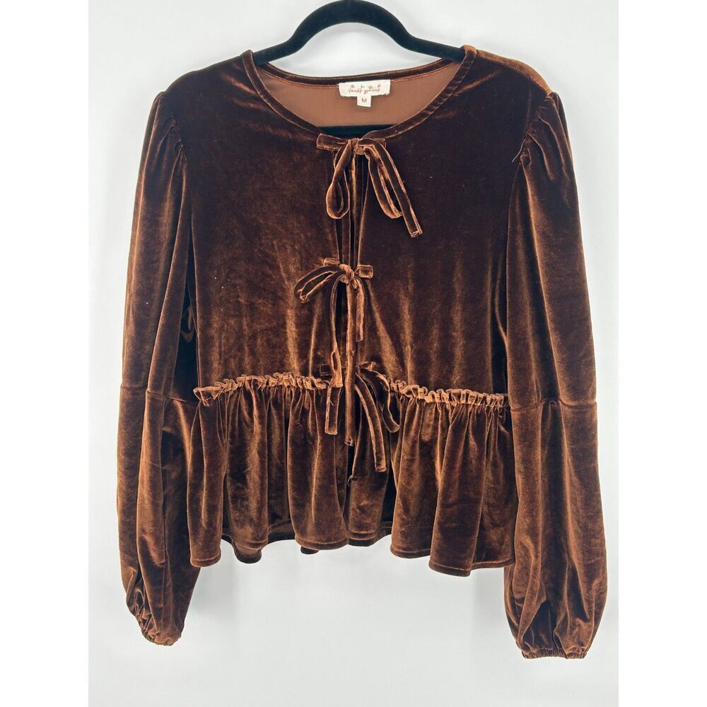 Sweet Generis Tie Velvet Brown Boho Shirt Babydoll Open Front Top Size M